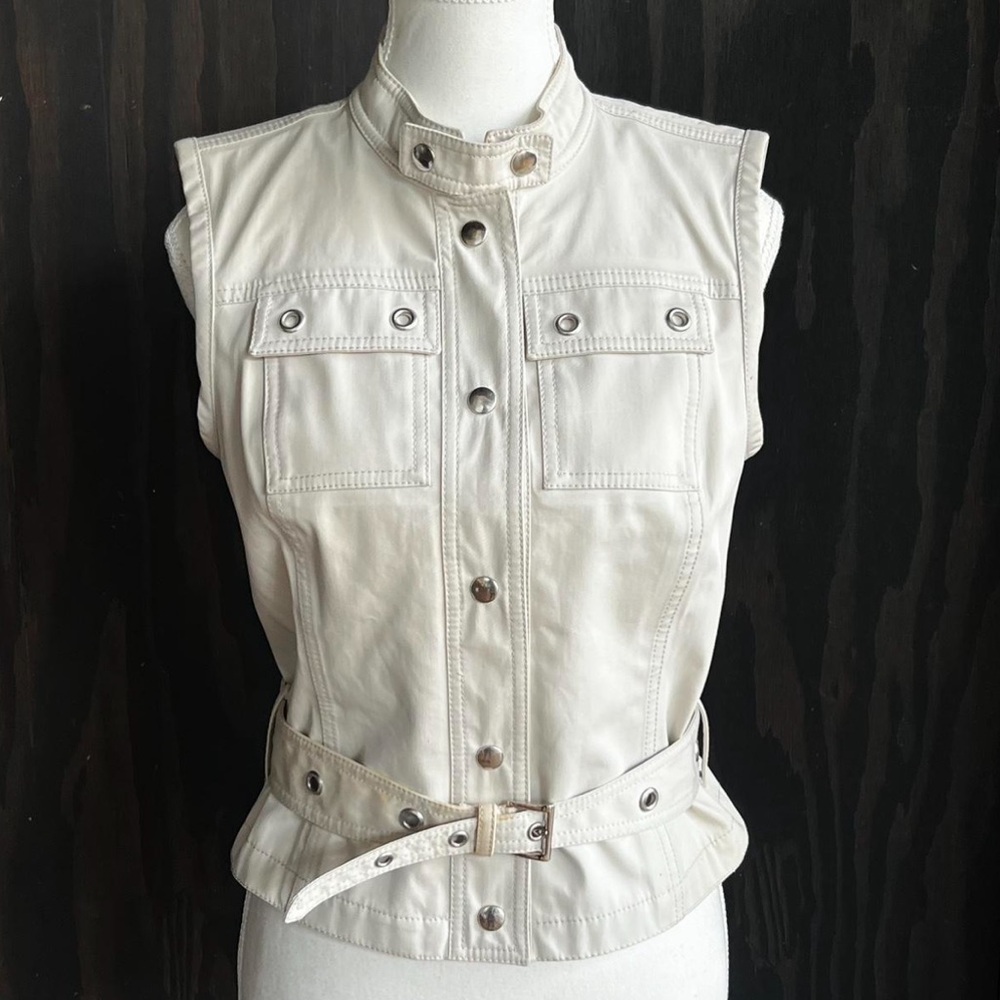 SOLD PRADA Button Up Snaps Gillet/Utility style vest with detachable belt white